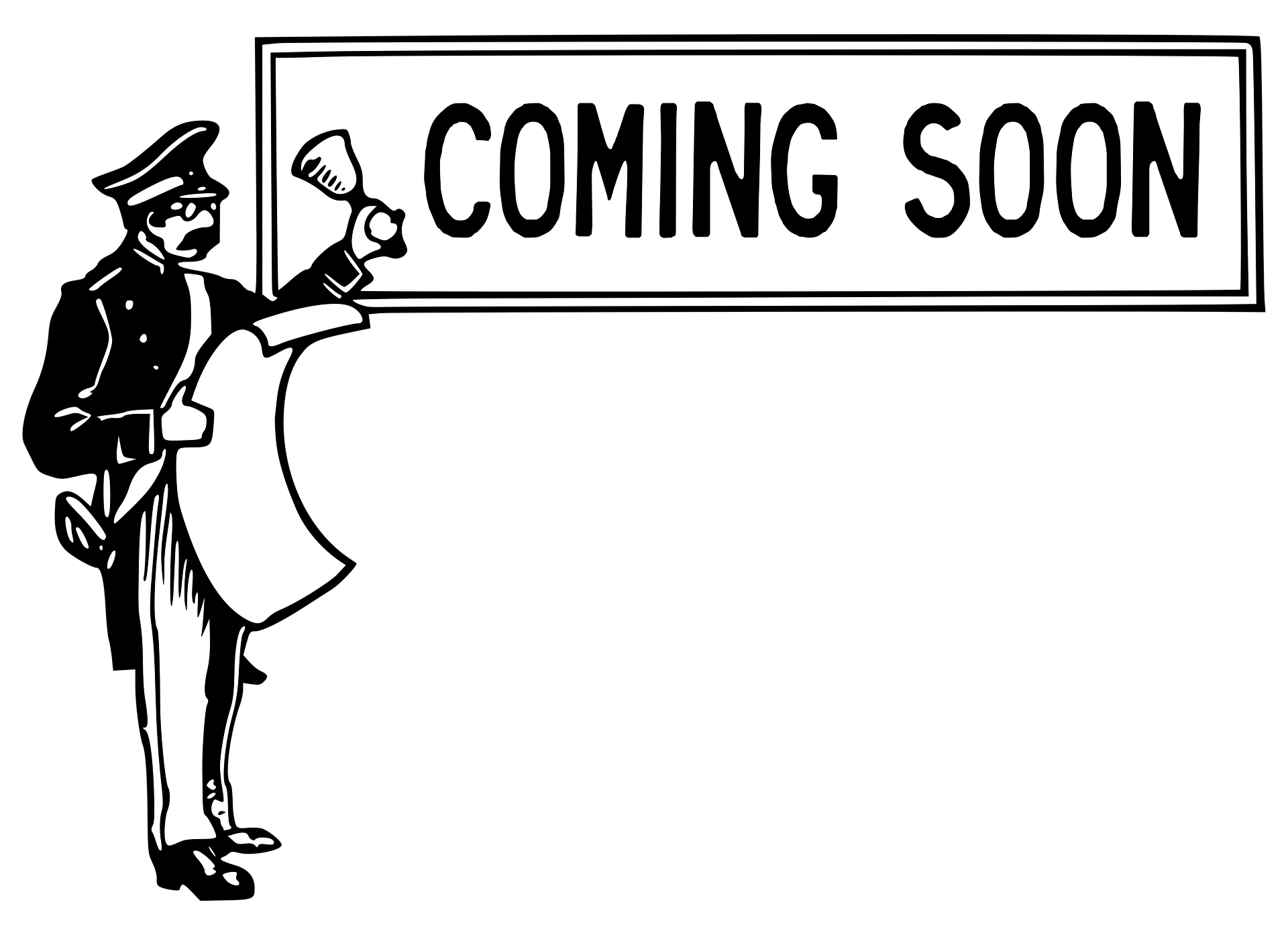 a human character holding a pen writing coming soon on the board. image is in black and white color.